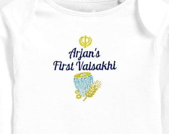 PERSONALISED My First VAISAKHI or LOHRI Embroidered Babysuit or Babygrow - Dhol Design Baisakhi