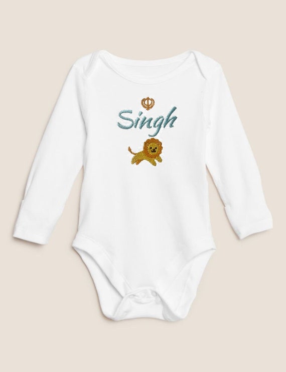 SIKH  - SINGH or KAUR Embroidered Babysuit or Babygrow - Lion or Lioness Design