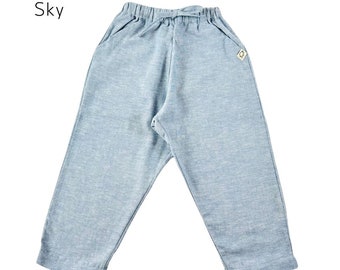 Kids drawstring pants with pockets, baggy trousers, harem pants, roll up or down for longer use.
