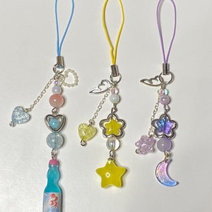 Cute Phone Charm Strap Keychain Keyring Aesthetic Japanese y2k Gift Accessories Jewelry Beaded Handmade Star Moon Ramune