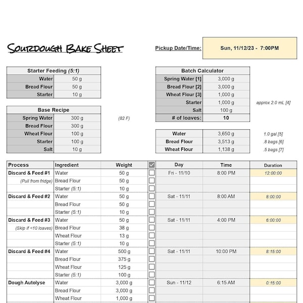 Sourdough Bake Schedule & Ingredient Calculator Spreadsheet Template - V3