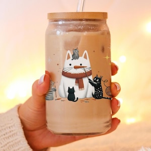 Cat Tumbler Christmas Cat Gift Iced Coffee Cup Christmas Cat Mom Gift Cat Dad Cup Meowy Christmas Cat Cup for gift secret Santa exchange
