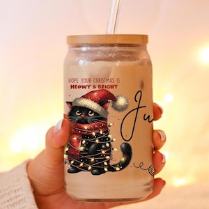 Christmas Cat Cup, Christmas Coffee Cup, Christmas Cat Glass Can, Cat Mom Gift, Cat Dad Gift Cat Tumbler Iced Coffee Jar Holiday Gift Friend