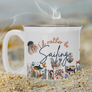 Sailing Gift Camp Mug Dad Fishing Boat Captain Gift Beach house decor Sea Life pottery Ocean Coffee Mug Jellyfish Folk Art Cup Rowing Coach
