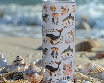 Ocean Inspired Tumbler 20oz Travel Mug Beach Party Gift, Seafood Lover's Cup, Summer Vibes Tumbler Fishing, Nautical Coffee Tumbler Sea Life