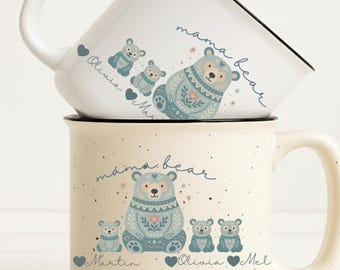 Mama bear mug with child names customized, Scandinavian Hygge Home Gift, Bear Family Mom Coffee Mug Mommy Bear with Cubs, Gift with kid name