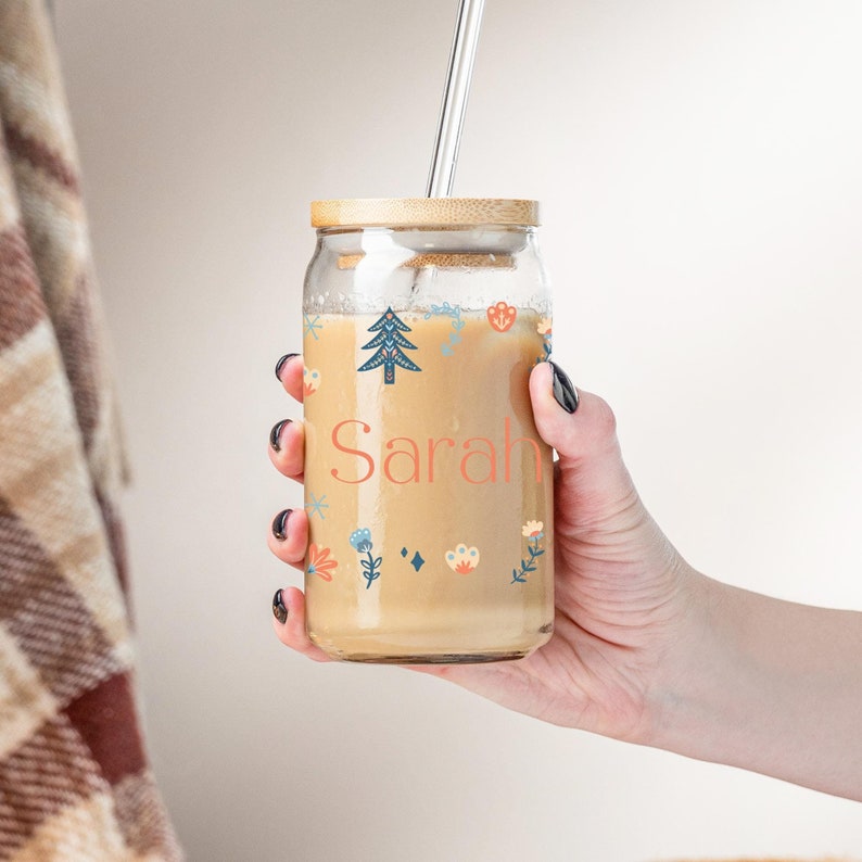 Christmas Pine Tree Glass Cup Personalized Name Christmas Gift Idea Coffee Tumbler With Lid and