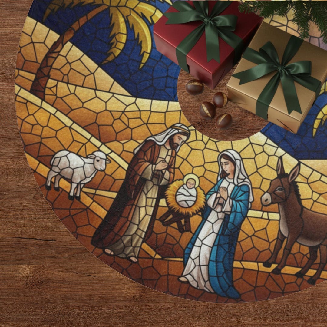 Christmas Tree Skirt Nativity Manger Scene Christian Family Gift ...