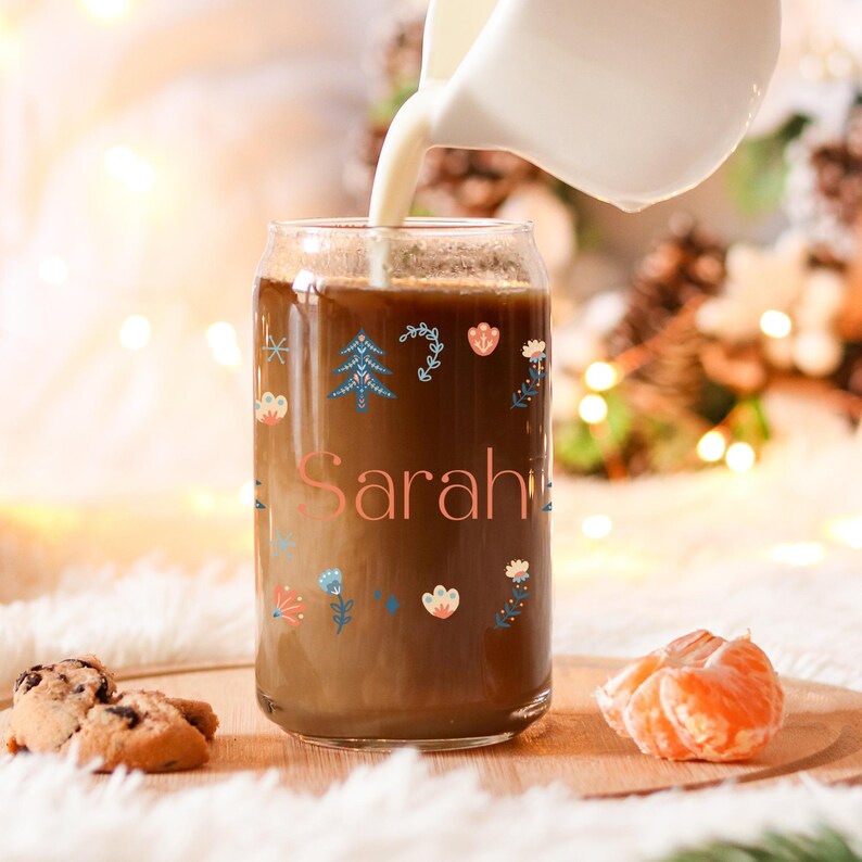 Christmas Pine Tree Glass Cup Personalized Name Christmas Gift Idea Coffee Tumbler With Lid and