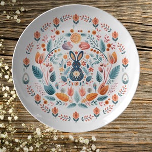 Rabbit Scandinavian Folk Art Plate Gift Hostess Thank you Party Table Setting Blue Bunny Floral Plate Kitchen Rustic table decor Hygge gift