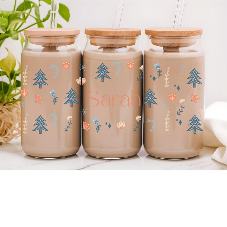Christmas Pine Tree Glass Cup Personalized Name Christmas Gift Idea Coffee Tumbler With Lid and
