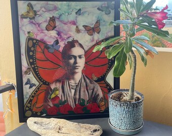 Hand-Painted Frida Inspired Art for Home Decor - &quot;The Secret&quot;, Mix Media Acrylic Sealed Painting Wall Art Framed Canvas 16 x 12 Inches