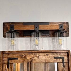3 - 6 Light Farmhouse Bathroom Lighting,Clear Glass Shades,Industrial Rustic Wall Vanity Light,Bathroom Decor Wood Fixture,Over Mirror Light