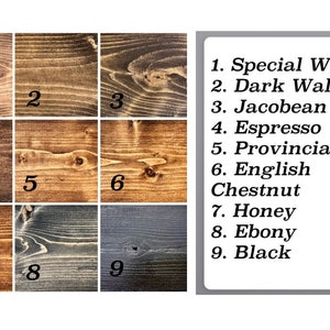 May include: Nine wood stain samples in various shades, including Special Walnut, Dark Walnut, Jacobean, Espresso, Provincial, English Chestnut, Honey, Ebony, and Black. Each sample is a square of stained wood.