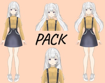 May include: Illustration of a white-haired anime character wearing a yellow turtleneck sweater with black suspenders and a dark blue skirt. The character has long hair with bangs and is shown in four different poses. The text "PACK" is written in black in the center of the image.