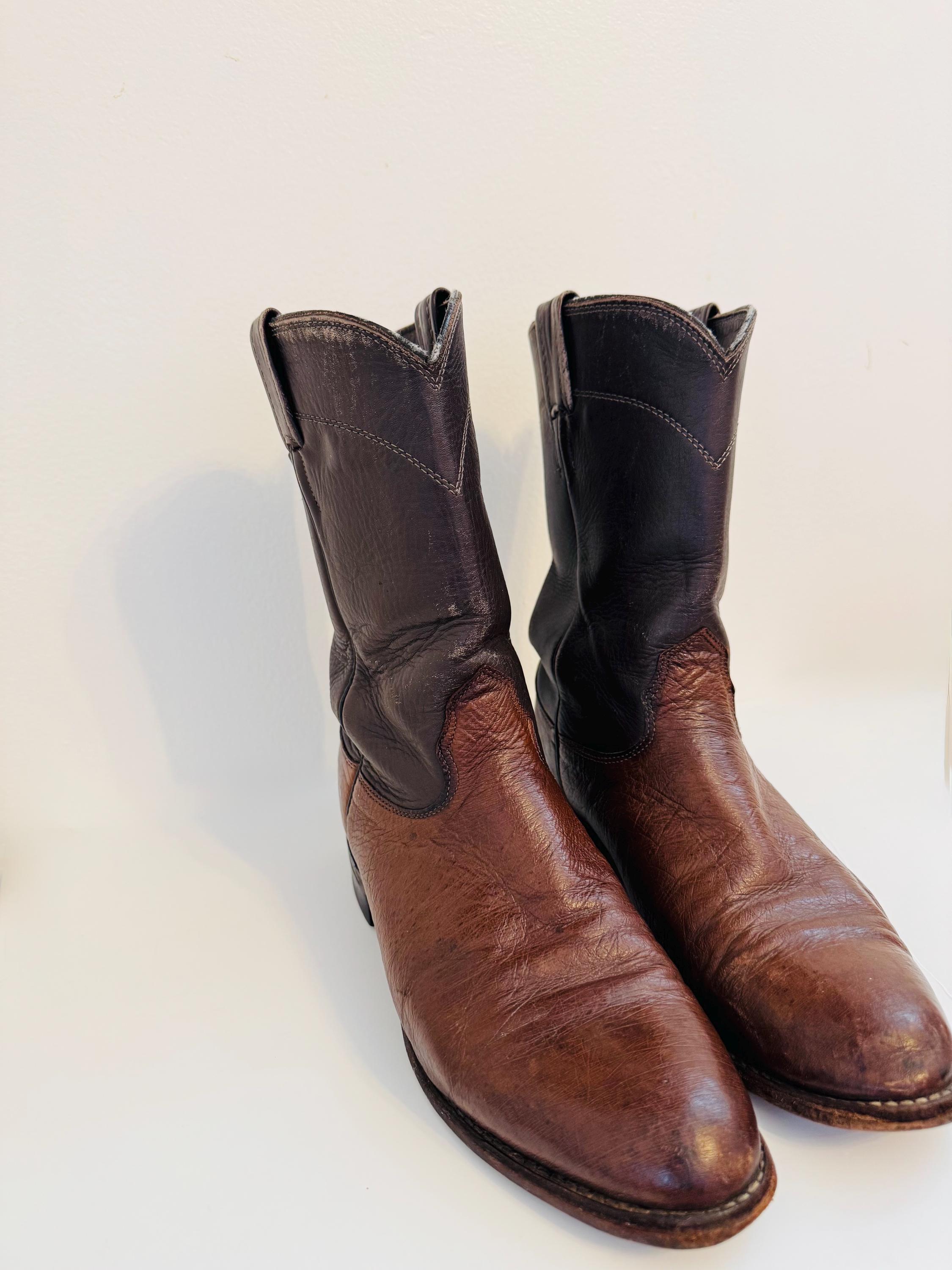 Larry Mahan Two-Tone Brown & Tan Pull-On Western Boots Vintage Larry Mahan Two-tone Leather Roper Cowboy Boots - Etsy main image 4