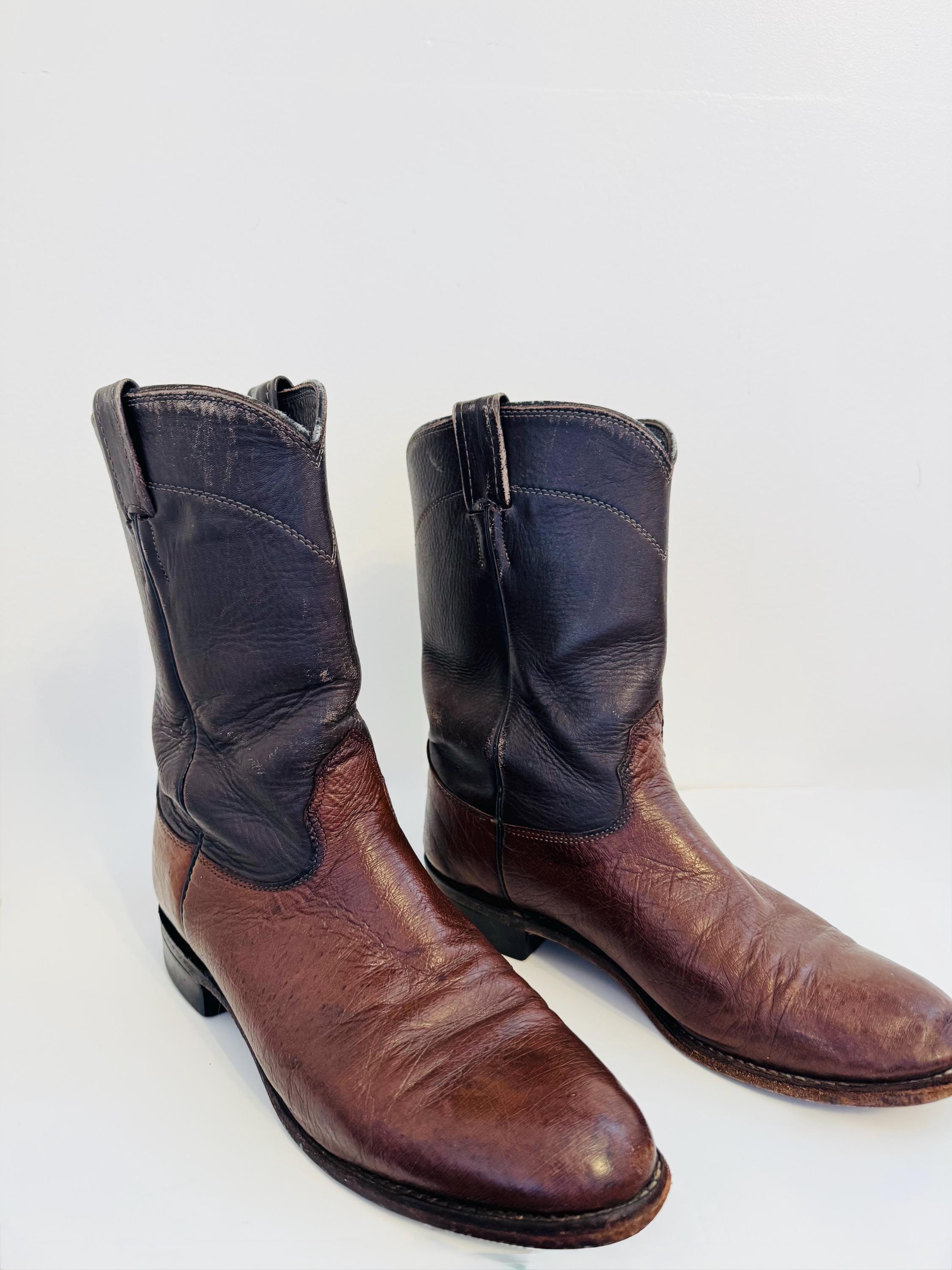 Larry Mahan Brown Embossed Leather Western Boots Rare vintage Larry Mahan boots. Longhorn inlay in red, white  main image 2