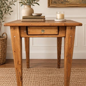 May include: A square wooden table with a medium brown finish, featuring four tapered legs and a single central drawer with a round glass knob. The tabletop surface is flat and smooth, showcasing a natural wood grain pattern throughout the structure.