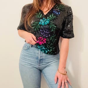 Vintage 1980s Stenay Black Sequin Blouse-Retro Evening Wear