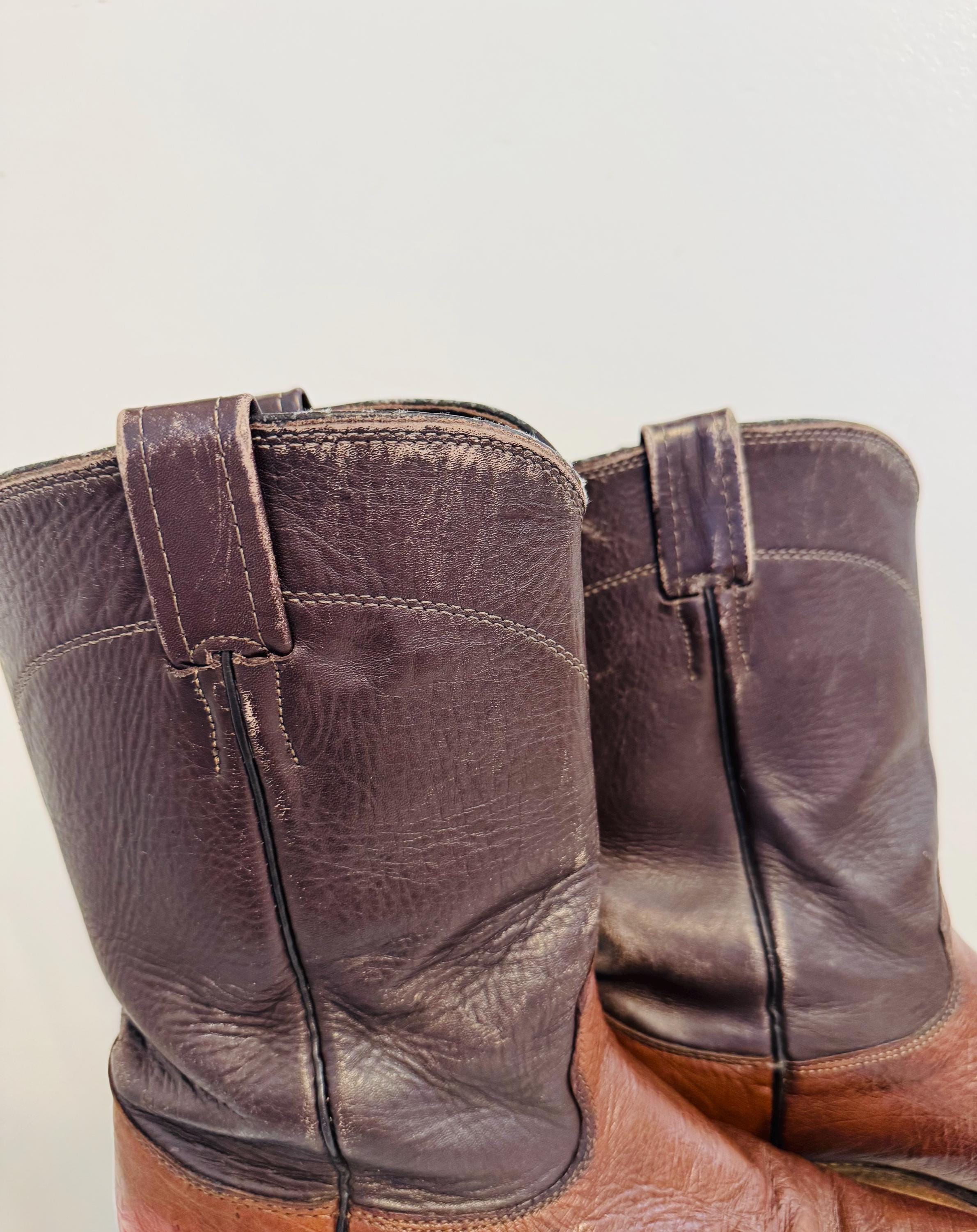 Larry Mahan Two-Tone Brown & Tan Pull-On Western Boots Vintage Larry Mahan Two-tone Leather Roper Cowboy Boots - Etsy main image 2