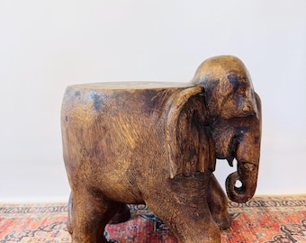 Vintage Hand Carved Wooden Elephant Stool | Boho Plant Stand