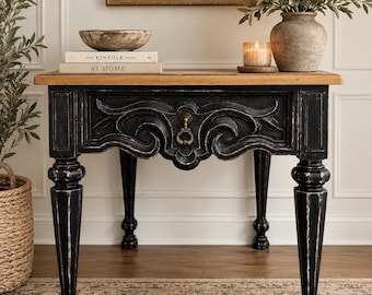 Vintage French Provincial American of Martinsville End Table | Distressed Black & Wood Side Table