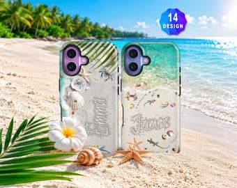 Funda para iPhone 17 16 15 14 Pro con diseño de playa tropical de verano, funda resistente con nombre personalizado y temática oceánica.