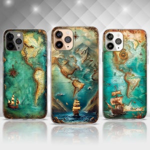 Retro piraat reiswereldkaart kompas telefoonhoesje, iPhone 15 14 13 MagSafe-telefoonhoesje, oude kaart, Explorer Globe Fantasy Map, Samsung S24 S23