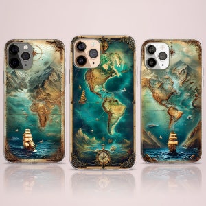 Vintage World Atlas Case Adventure Pirate telefoonhoesje, iPhone 15 14 13 MagSafe-telefoonhoesje, grunge geografie antieke kaart van Amerika, Samsung S24