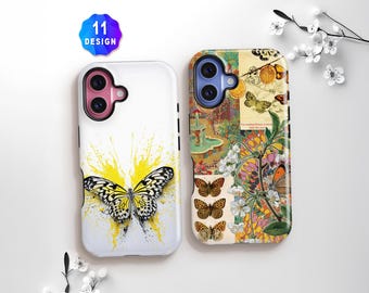 Vintage Butterfly iPhone 17 16 15 14 Pro max Case, Floral Collage Protective Cover for Samsung S26 S25 S24 Ultra