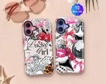 Preppy Pink disco ball Collage iPhone 17/16/15 Pro Max Case: Summer Coastal MagSafe Phone Case