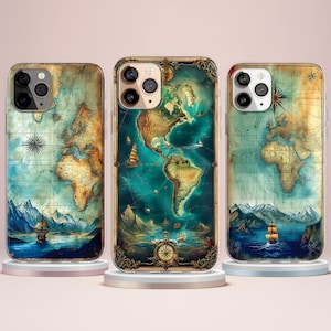 Coque pour portable carte du monde vintage Adventure Compass Travel, coque de portable MagSafe pour iPhone 15 14 13, carte au trésor antique Old Explorer, Samsung S24