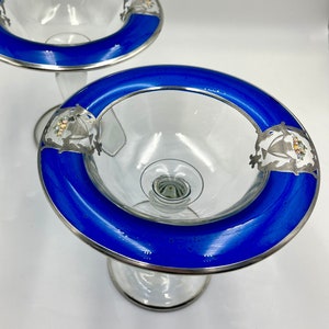 Pair of Vintage Cobalt Blue & Silver Overlay Stemmed Compotes, Elegant Etched Urn and Floral Design, Pedestal Dessert Dishes, Display Bowls