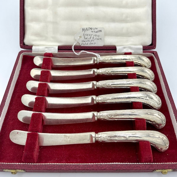 Sterling Pistol Handled Fruit / Dessert / Butter Knives in original Red Box. English Sterling Silver Mappin & Web Marked 1911.  Set of 6