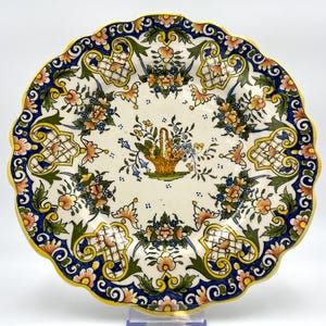 Vintage French Rouen Faience Plate, Hand Painted, Floral Basket, Wall Decor
