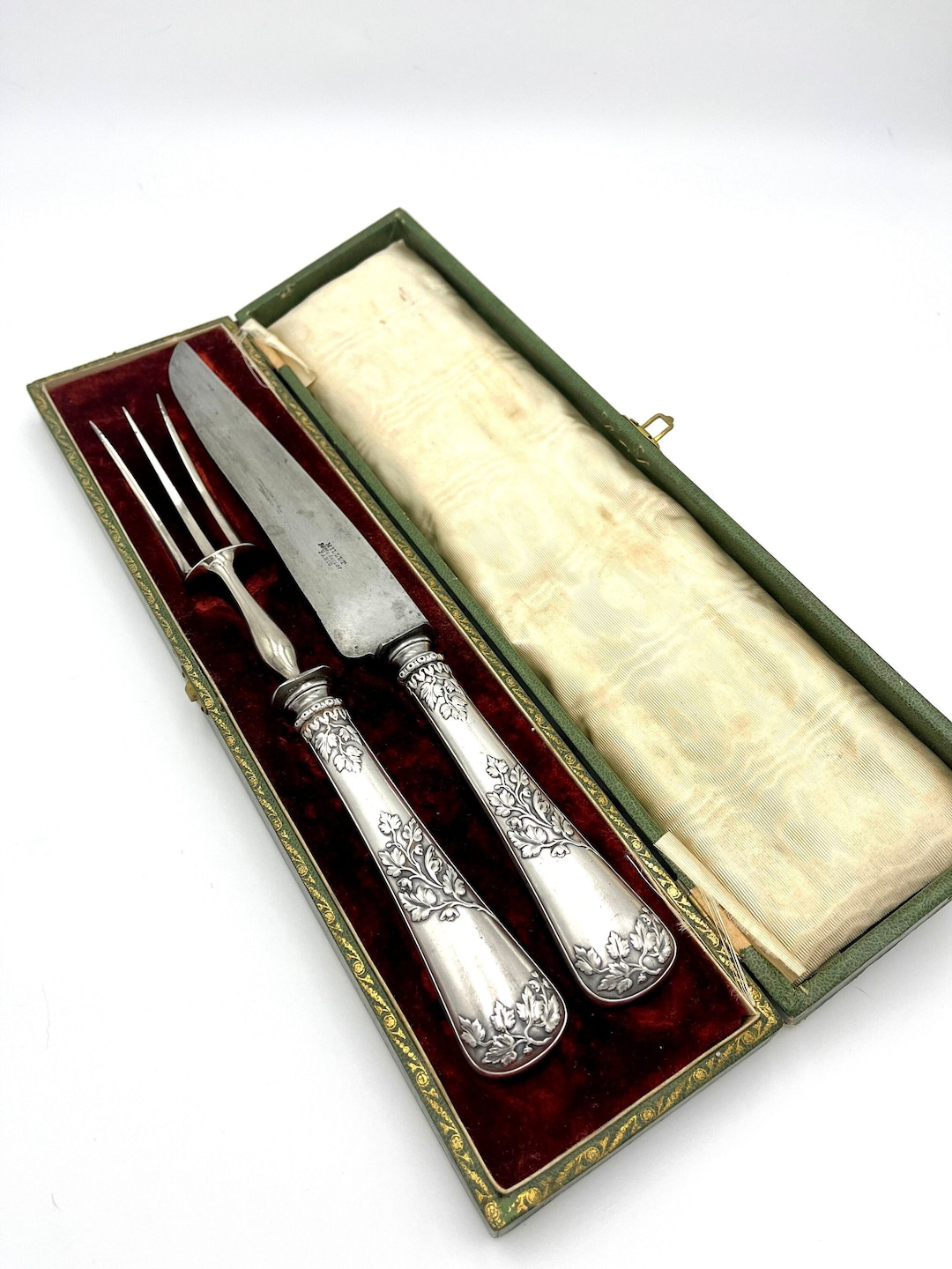 Antique Silver Carving Set With Repousee Foliage on Handles, Marked