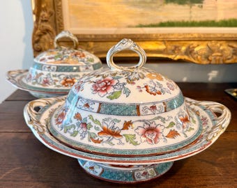 Antique English Transferware Tureens, Pair, English Staffordshire, Covered Vegetable Dishes, Victorian Tableware
