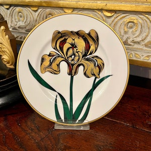 Vintage Fitz and Floyd “Floraison” Plate – 1989 Yellow Iris Flower Design, Gold Rim, Collectible Floral Porcelain