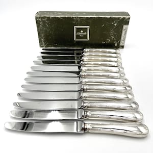 Christofle Ruban Croisé Dessert Knives – Set of 12 – Silver Plated Flatware in Original Box – French Vintage Luncheon Knives