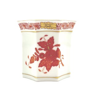 Herend Apponyi Octagonal Mini Cache Pot / Toothpick Holder / Spoon Holder • Hand-Painted Rust Floral • Hungary