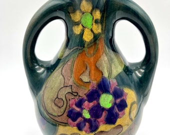 Antique Art Nouveau Gouda Vase Double Handle Floral Art Pottery