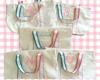 Personalized canvas tote with ric rac trim