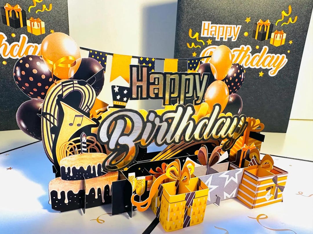 Golden Happy Birthday With Presents Happy Birthday 3D Pop up Greeting ...