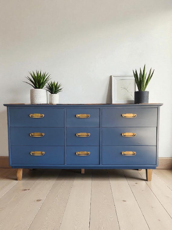 SOLD | 9 Drawer Navy Blue Mid-century Dresser - Etsy
