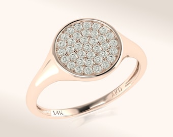 Diamond Signet Pinky Ring, 14K Solid Gold Signet Ring with Lab Grown Diamonds, Minimalist Pave Signet Ring for Anniversary Gifts