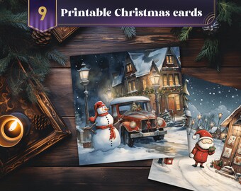 9 druckbare Weihnachtskarten Designs, Frohe Weihnachten Karten Designs, Winter Weihnachten Postkarte Weihnachten Weihnachtsmann, Sofort download