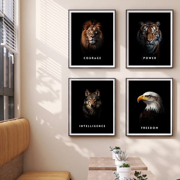 Set of 4 Wild Animals Wall Art - Lion, Eagle, Tiger, Wolf - Instant Digital Download, Motivational, Printable