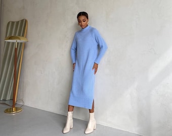 Sky Blue relaxed fit winter dress. Knitted dress with turtleneck straight fit.Midi cotton sweater dress.Warm formal sweater dress