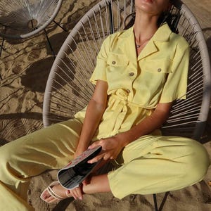 Sunny Yellow 2-piece linen pantsuit.Matching set shirt and pants. Linen summer set. Natural washed linen suit. Summer matching set.