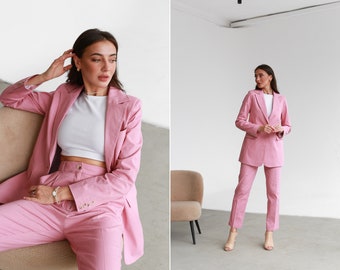 Leinen Hosenanzug.Dusty Rose Sommeranzug,Pink leinen Hosenanzug mit Blazer und Hose.Hosenanzug Jacke und Hose.Sommer Anlässe Anzug Set